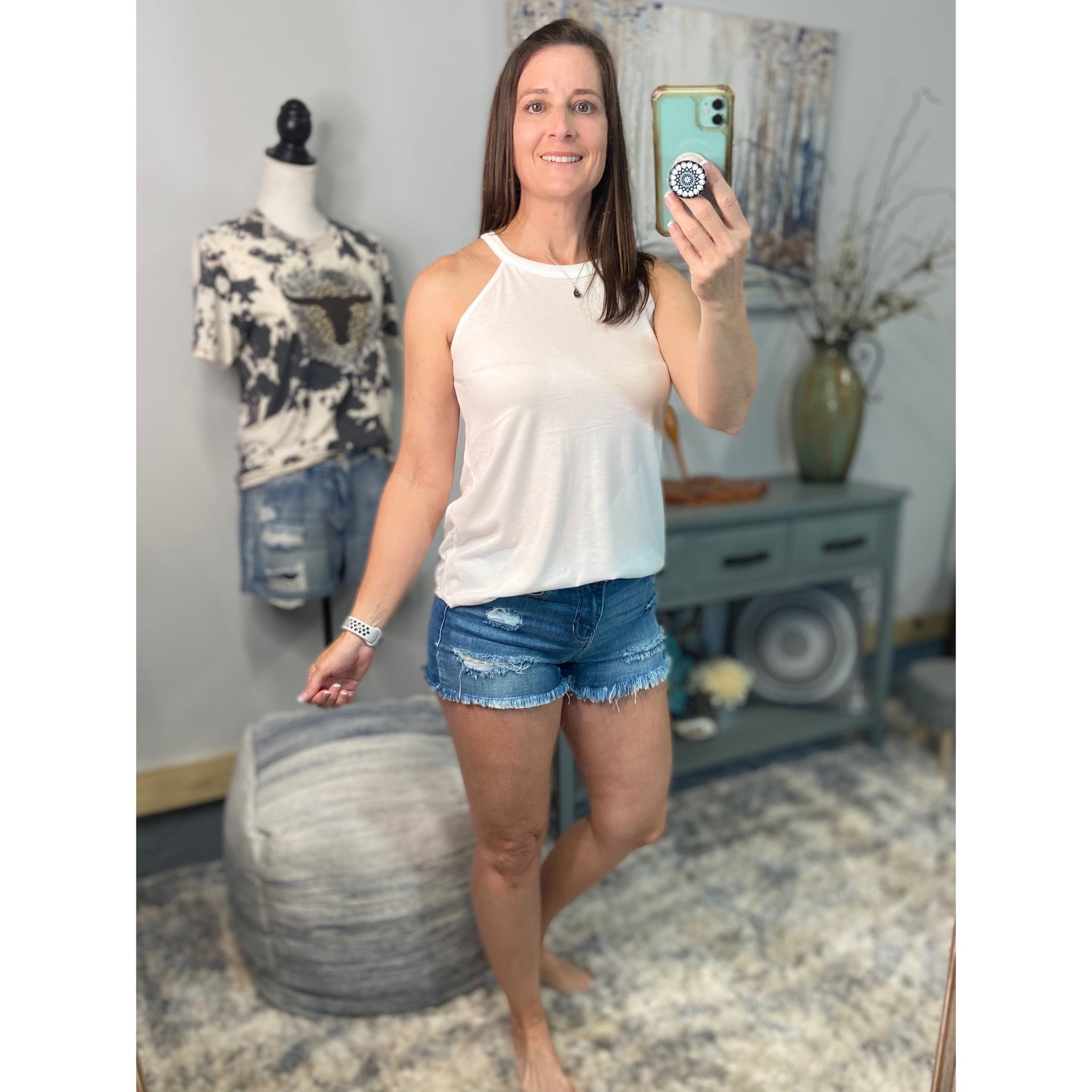 Tri Rocker Racerback Round Neck Floaty Trendy Tank Top Summer White