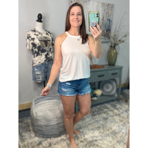 Tri Rocker Racerback Round Neck Floaty Trendy Tank Top Summer White