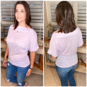 Gauzy Wide Boat Neck Dolman Rolled Sleeve Cold One Shoulder Top Shirt Lavender