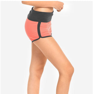 Sporty Fold Over Waist Contrast Trim Dolphin Hem Shorts Gray Coral S/M/L
