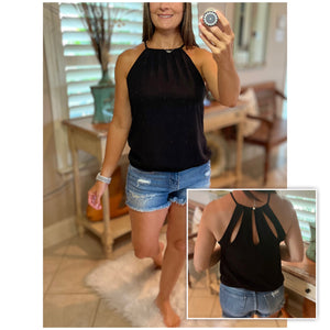 Chiffon Halter Top Black Multi Keyhole Banded Bottom Tank Cami Sexy Summer Light