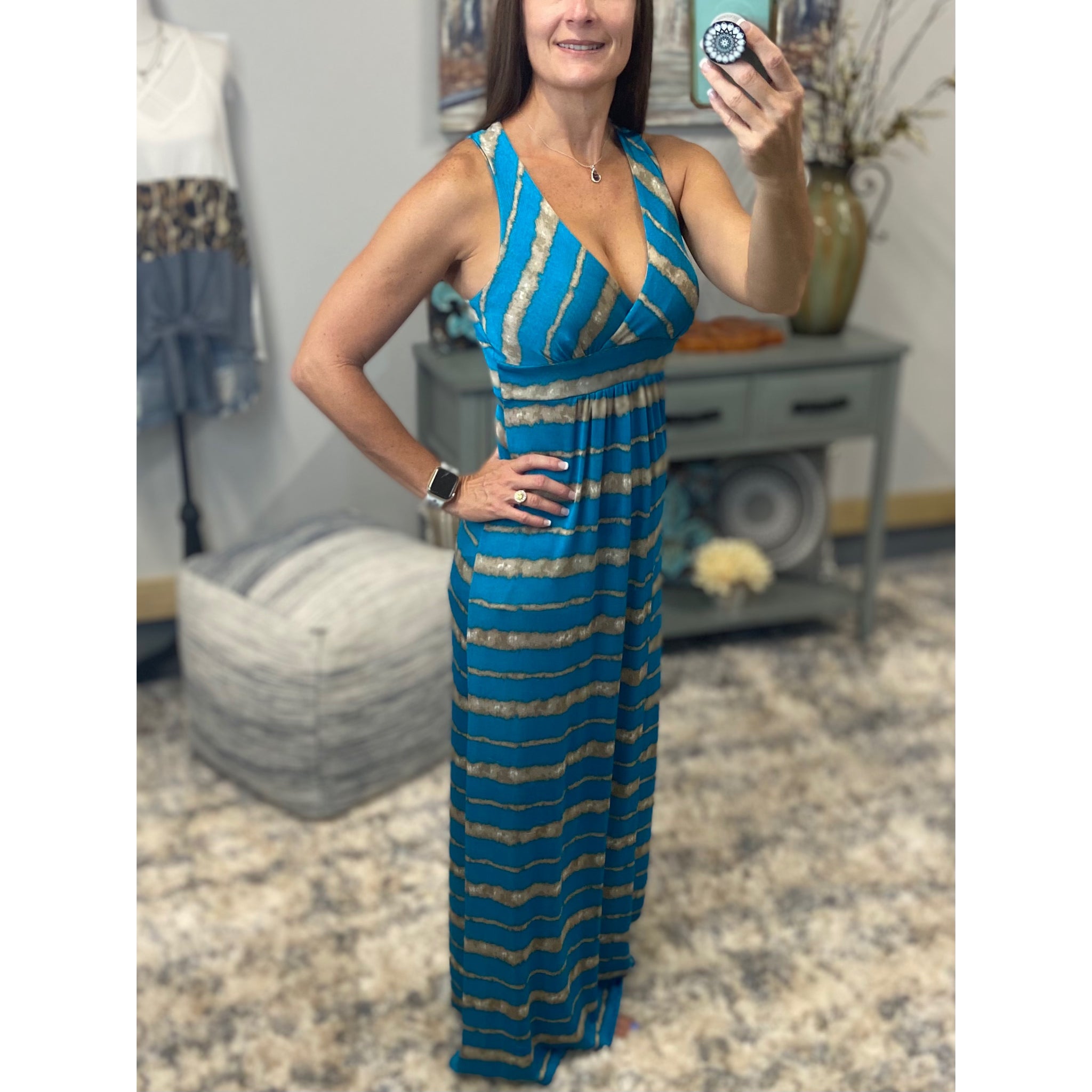 Sexy Cleavage Striped Tank Racerback Maxi Dress Long Tube Sundress Blue S/M/L