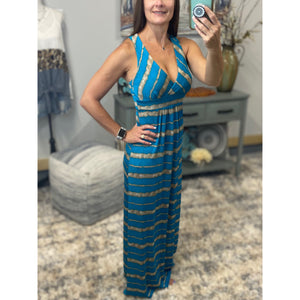 Sexy Cleavage Striped Tank Racerback Maxi Dress Long Tube Sundress Blue S/M/L