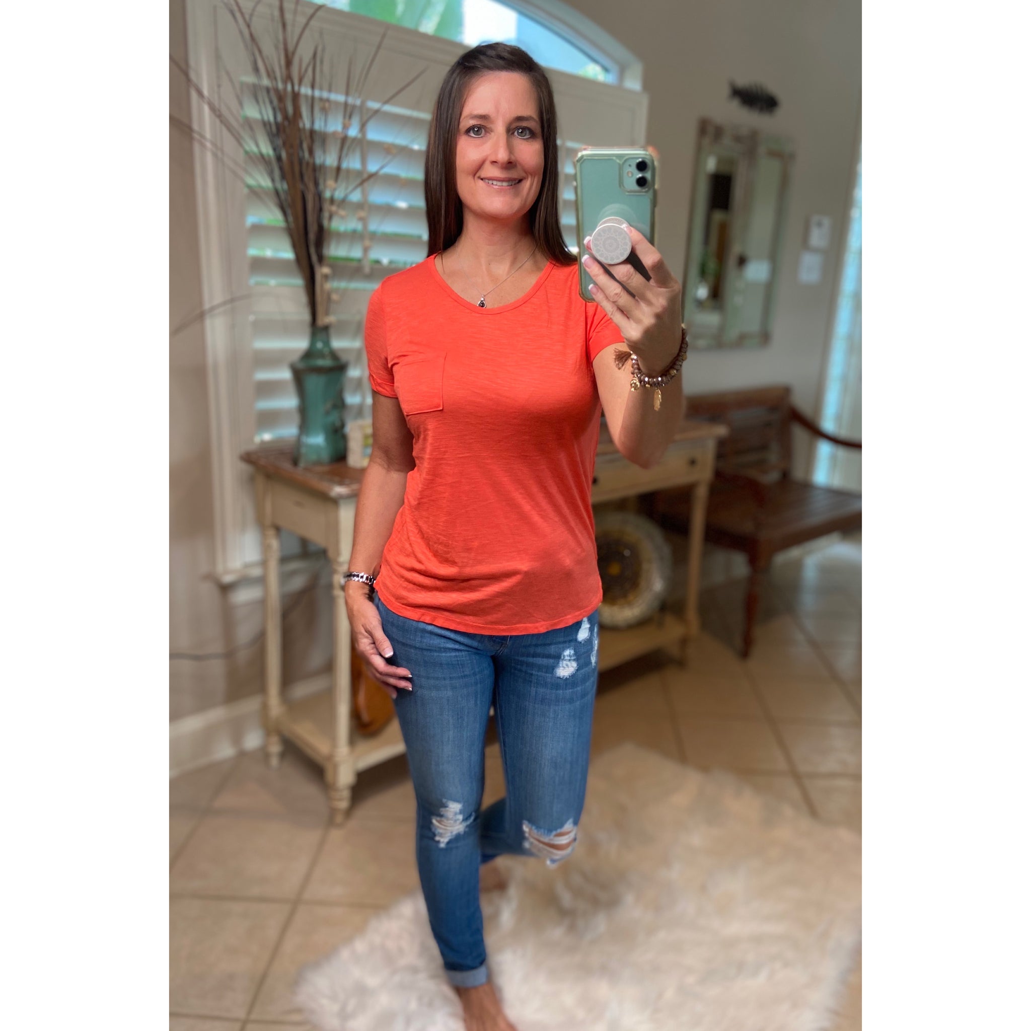 Very Sexy Sheer Burnout Melange Tissue Scoop Neck Top Shirt Tee Orange S/M/L