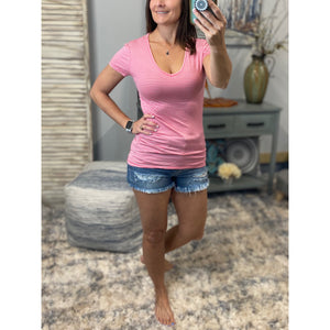 V-Neck Preppy Striped Rugby Stretch Baby Tee Shirt Pink White S/M/L