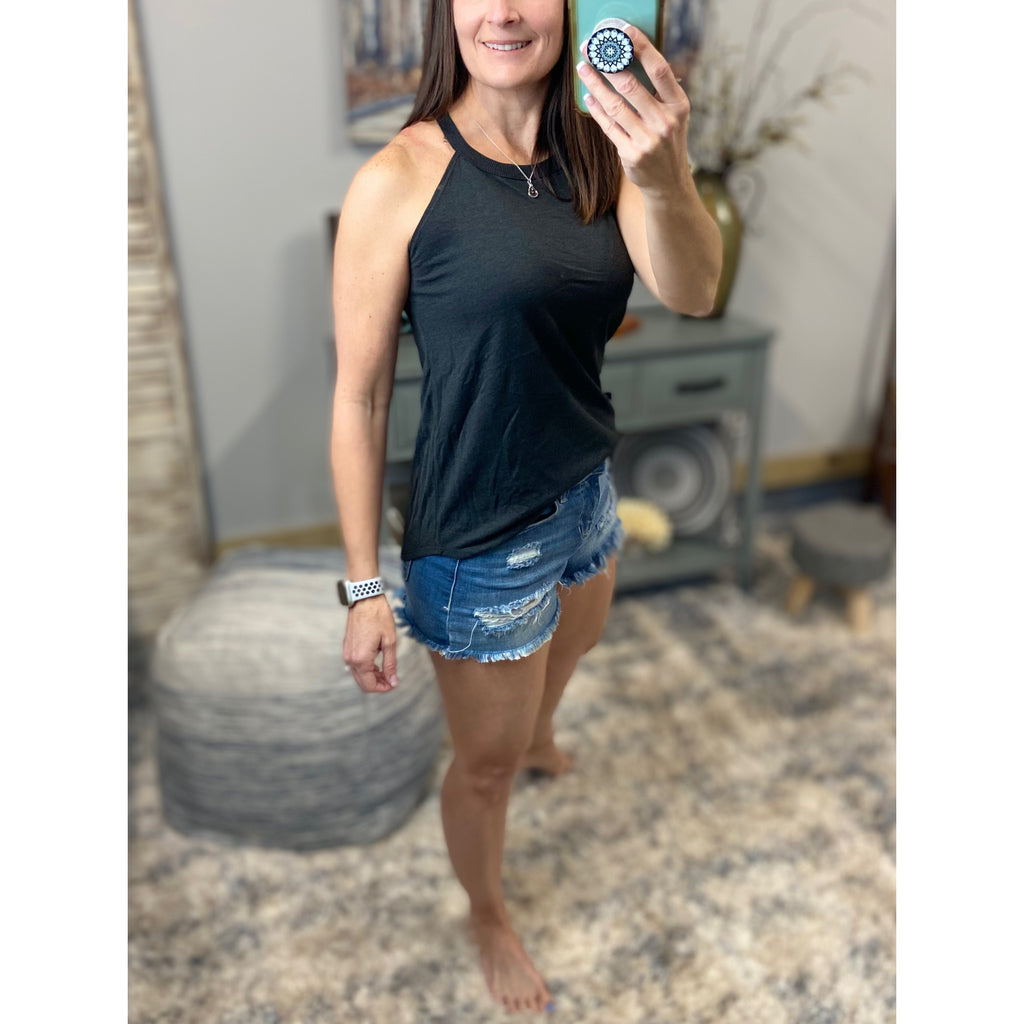 Tri Rocker Racerback Round Neck Floaty Trendy Tank Top Summer Charcoal Gray