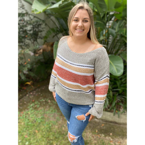 “My Happy Place” Lightweight Ribbed Knit Sweater Striped Off Shoulder Long Sleeve