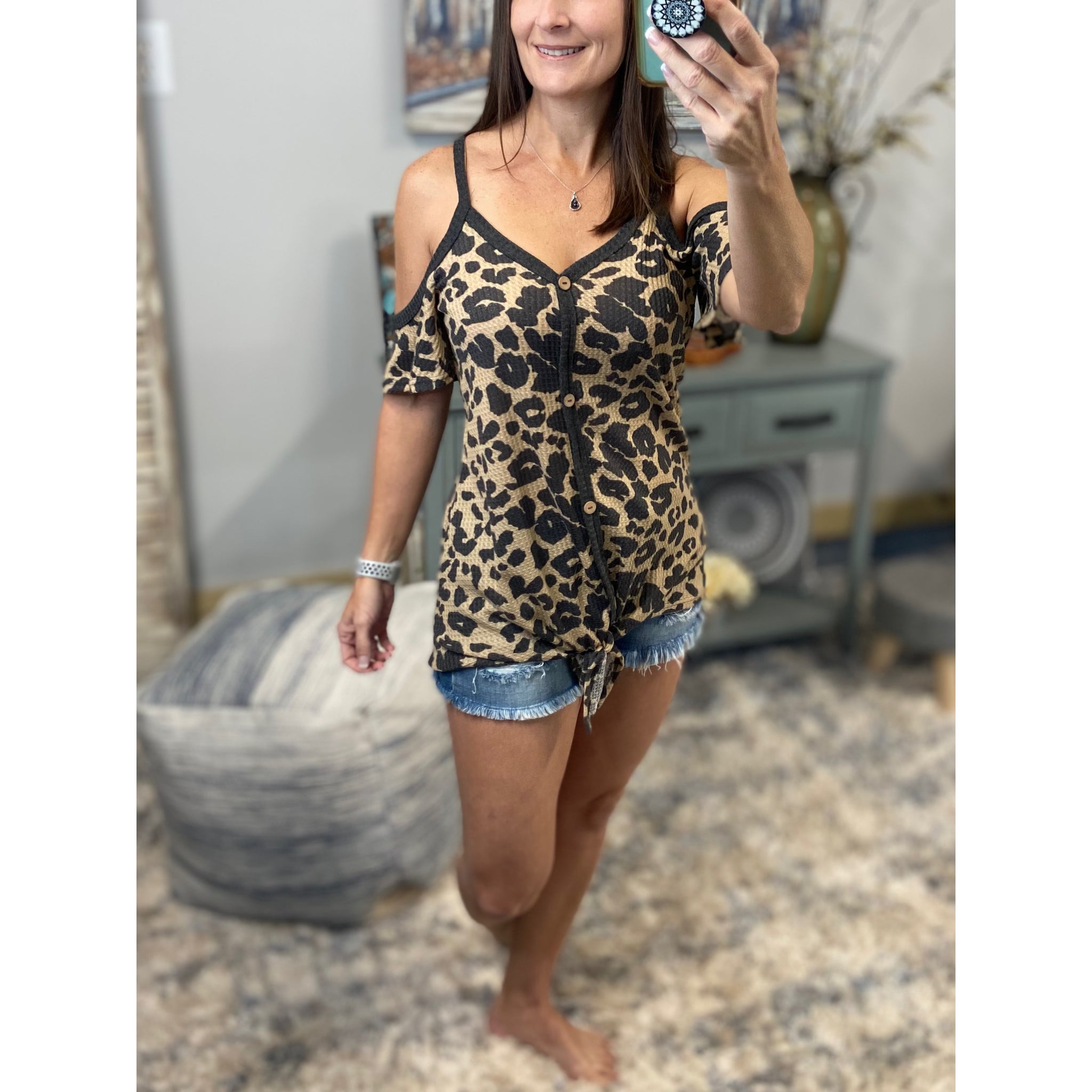 Waffle Leopard Cold Shoulder Cutout Self Tie Dolman Flutter Sleeve Top Brown