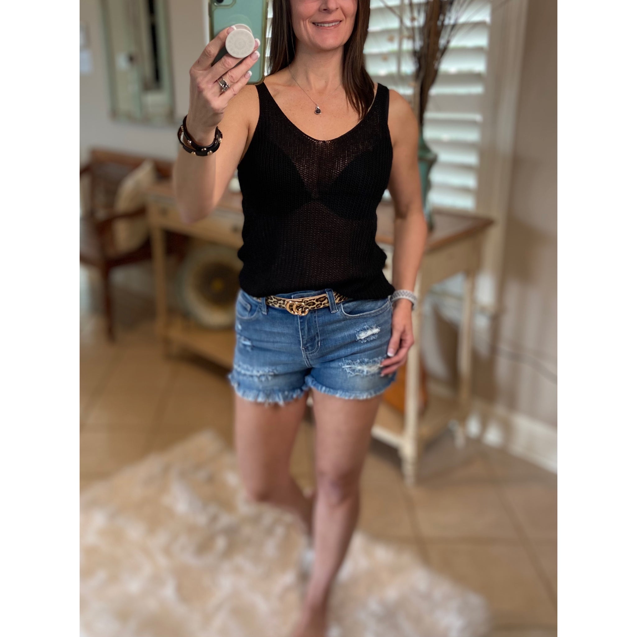 “Spring Fling” Sexy Low Double V Neck Back Sleeveless Dressy Knit Sweater Tank Black