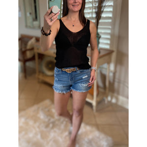 “Spring Fling” Sexy Low Double V Neck Back Sleeveless Dressy Knit Sweater Tank Black