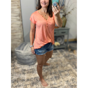 “Just Be You” Sheer Burnout Melange Tissue V-Neck Henley Tab Sleeve Shirt Floaty Tee Peach