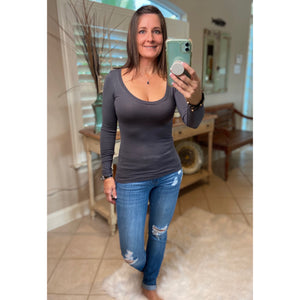 Sexy Slimming Scoop Neck Low Cut L/S Tissue Basic Baby Shirt Top Gray