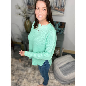 “Mint Julep” Chunky Waffle Knit Sweater Distressed Drop Shoulder Round Neck Split Side Long Sleeve Mint