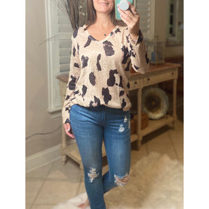 "Wild Child" V-Neck Floaty Animal Print Leopard Long Sleeve Taupe