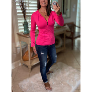 Sexy Sporty Slimming Seamless Zipper Lightweight Hoodie Jacket Pockets Neon Pink OS