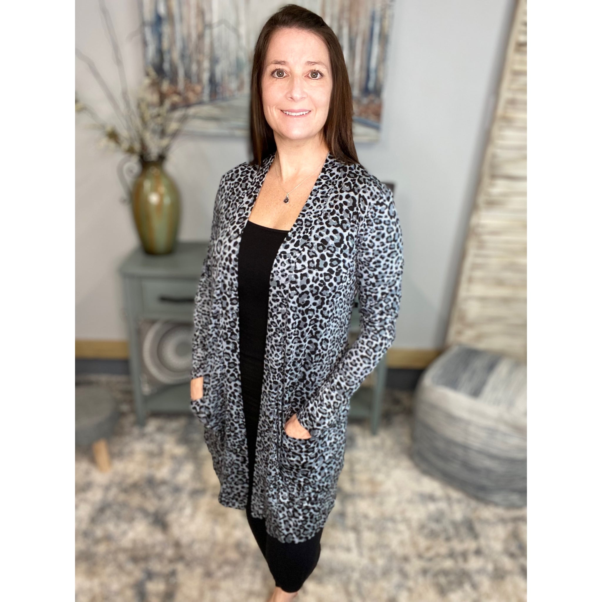 “See You Again” Leopard Long Open Front Cardigan Pocket Light Long Sleeve S/M/L/XL