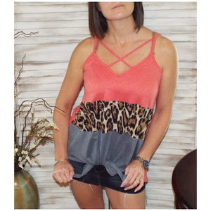 Sexy V-Neck Floaty Self Tie Animal Print Color Block Summer Tank Coral