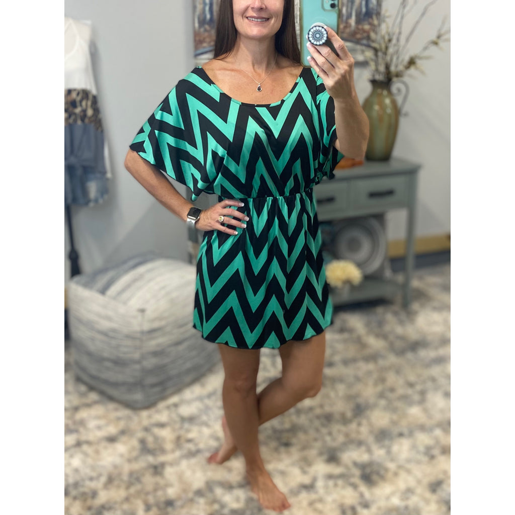Sexy Chevron Zig Zag Print Batwing Dolman Elastic Waist Dress Black/Green S/M/L