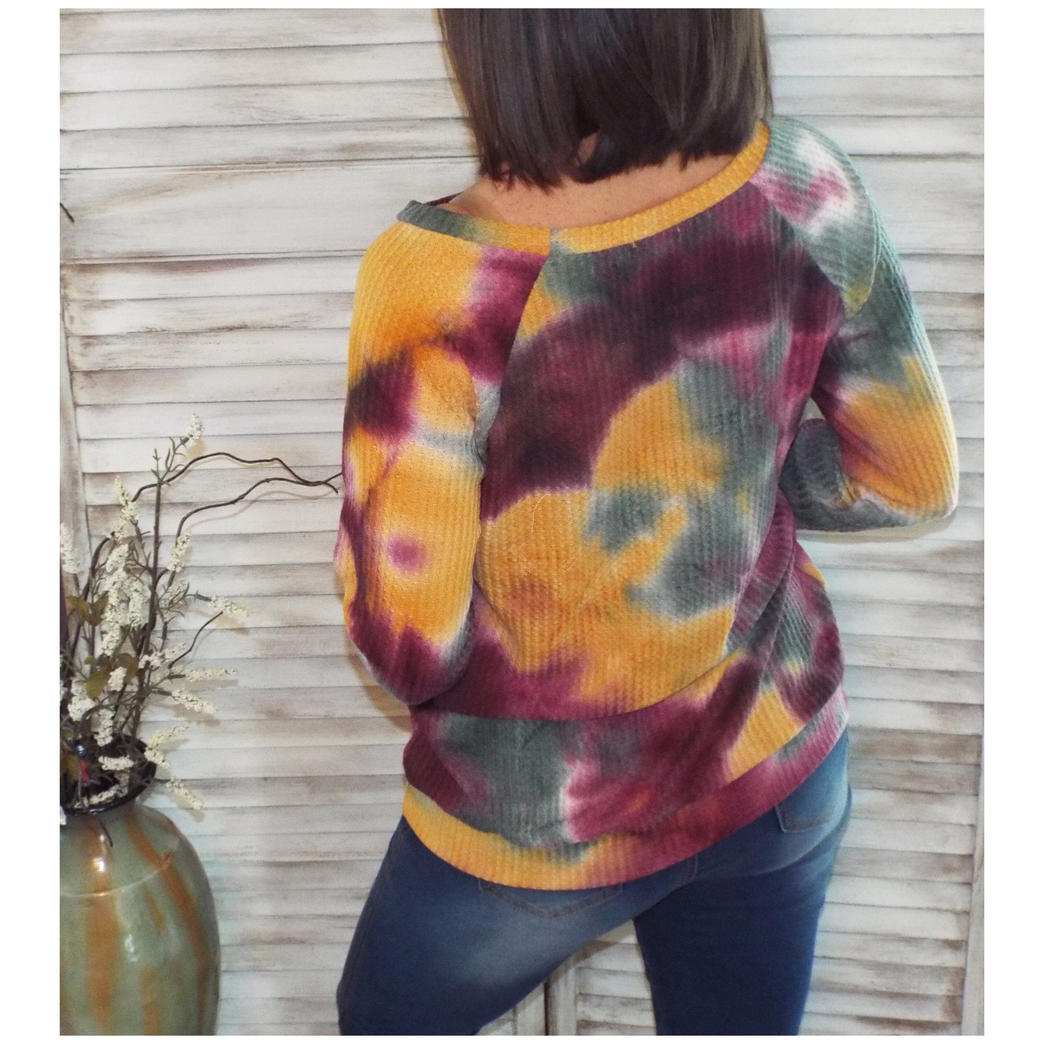 Multi Tie Dye Waffle Thermal Wide Neck Pull Over Long Sleeve Banded Top S/M/L
