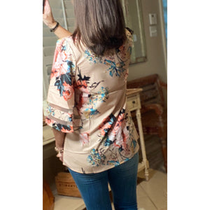 “Spring Is In The Air” Floral Print V-Neck Flared Sleeve Boho Dressy Top Light Peach S/M/L/XL/2X