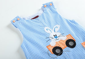 Easter Bunny & Wagon Gingham Pockets Embroidery Blue Jon Jon Romper