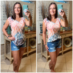 “Take Me Back” Tie Dye Short Flutter Sleeve Round Neck Bottom Top Coral Multi S/M/L/XL