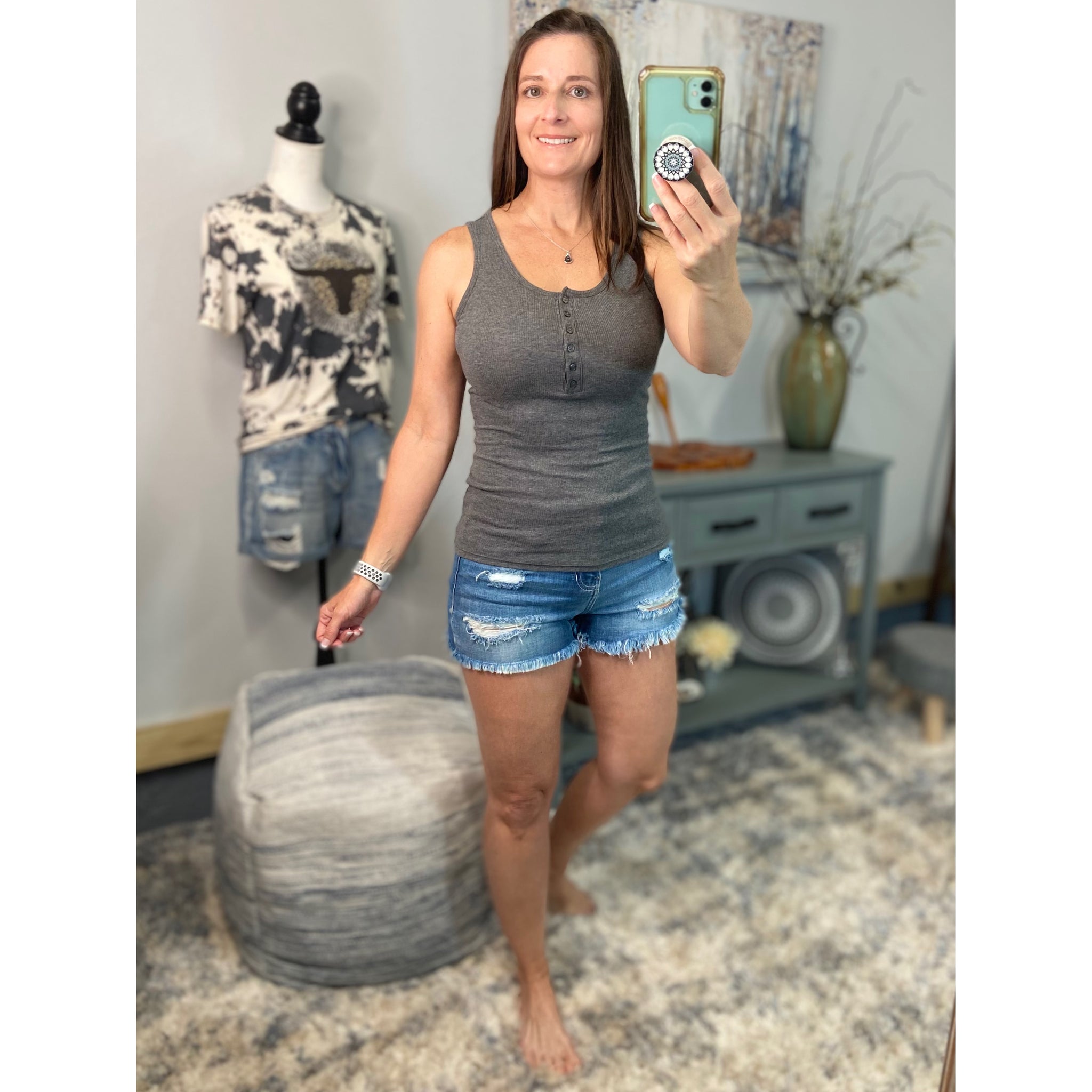 “Let The Sun Shine” Ribbed Henley Low Cut Boy Beater Cleavage Fitted Tank Top Gray