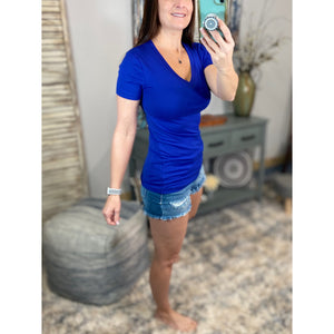 “Basic Babe” Low Cut V-Neck Cleavage Boyfriend Baby Slimming Basic Tee Shirt Sapphire Blue S/M/L