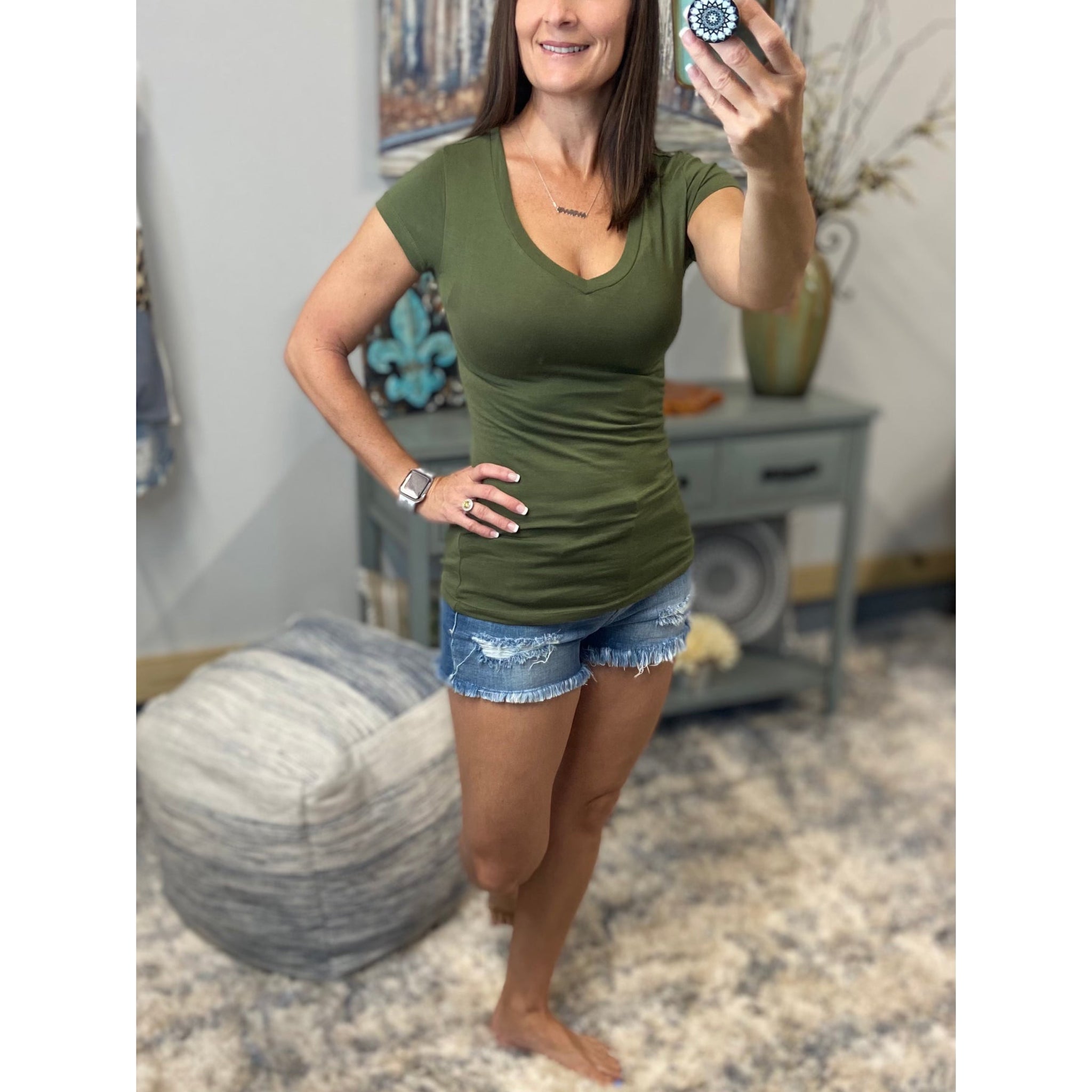 “Basic Babe” Low Cut V Neck Cleavage Baby Slimming Basic Tee Shirt Top Deep Olive