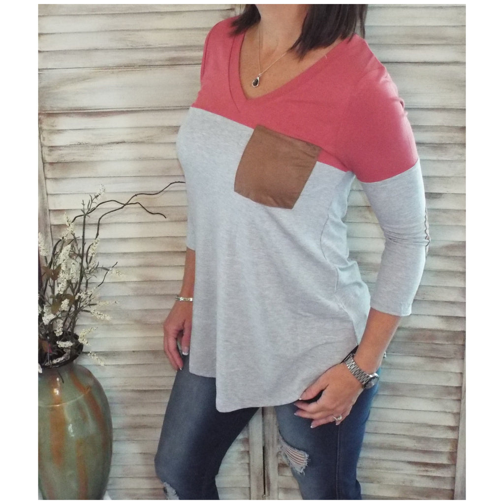 Suede Pocket Elbow Detail V Neck Floaty Color Block Tunic 3/4 Sleeve Pink Gray