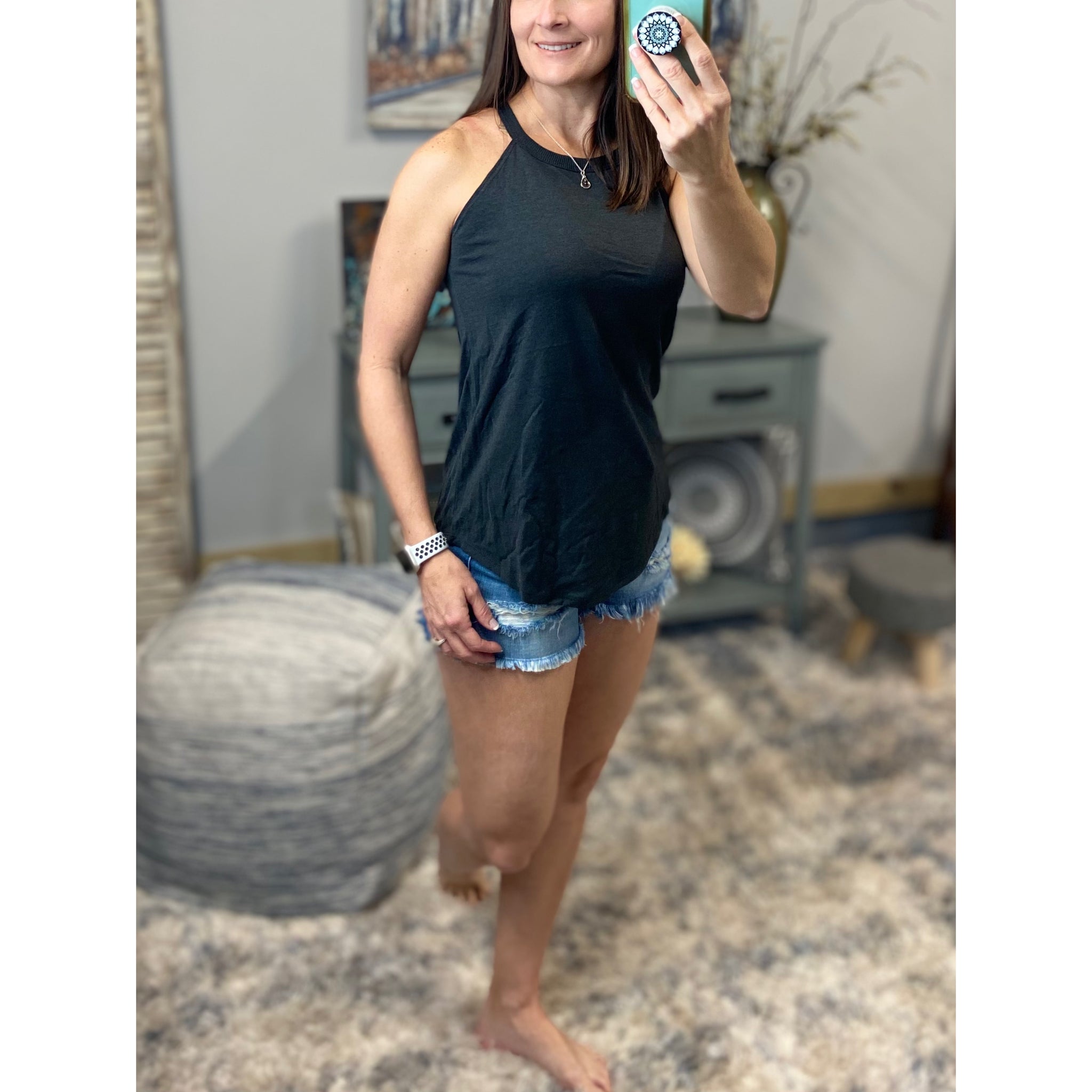 Tri Rocker Racerback Round Neck Floaty Trendy Tank Top Summer Charcoal Gray