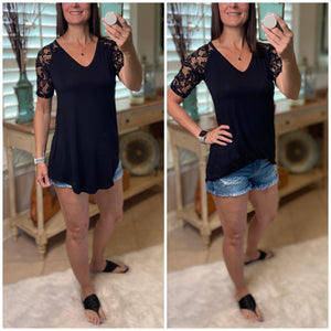 "All About The Lace" Lace Short Sleeve V Neck Floaty Rounded Bottom Classic Dressy Black