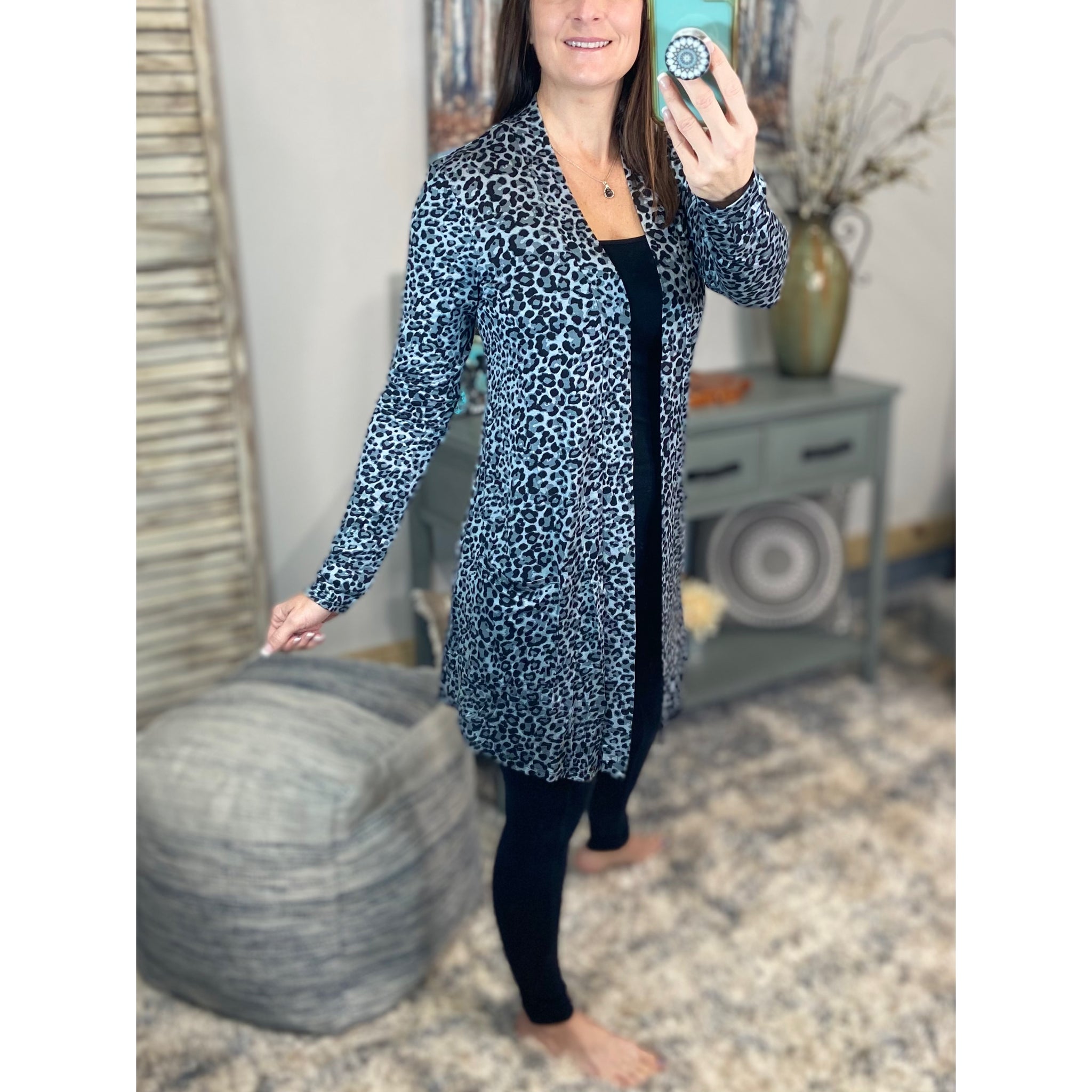 “See You Again” Leopard Long Open Front Cardigan Pocket Light Long Sleeve S/M/L/XL