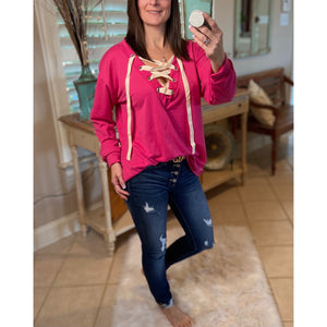“All The Rage” V Neck Lace Up Eyelet Tie Caged French Terry Deep V-Neck Long Sleeve Pink