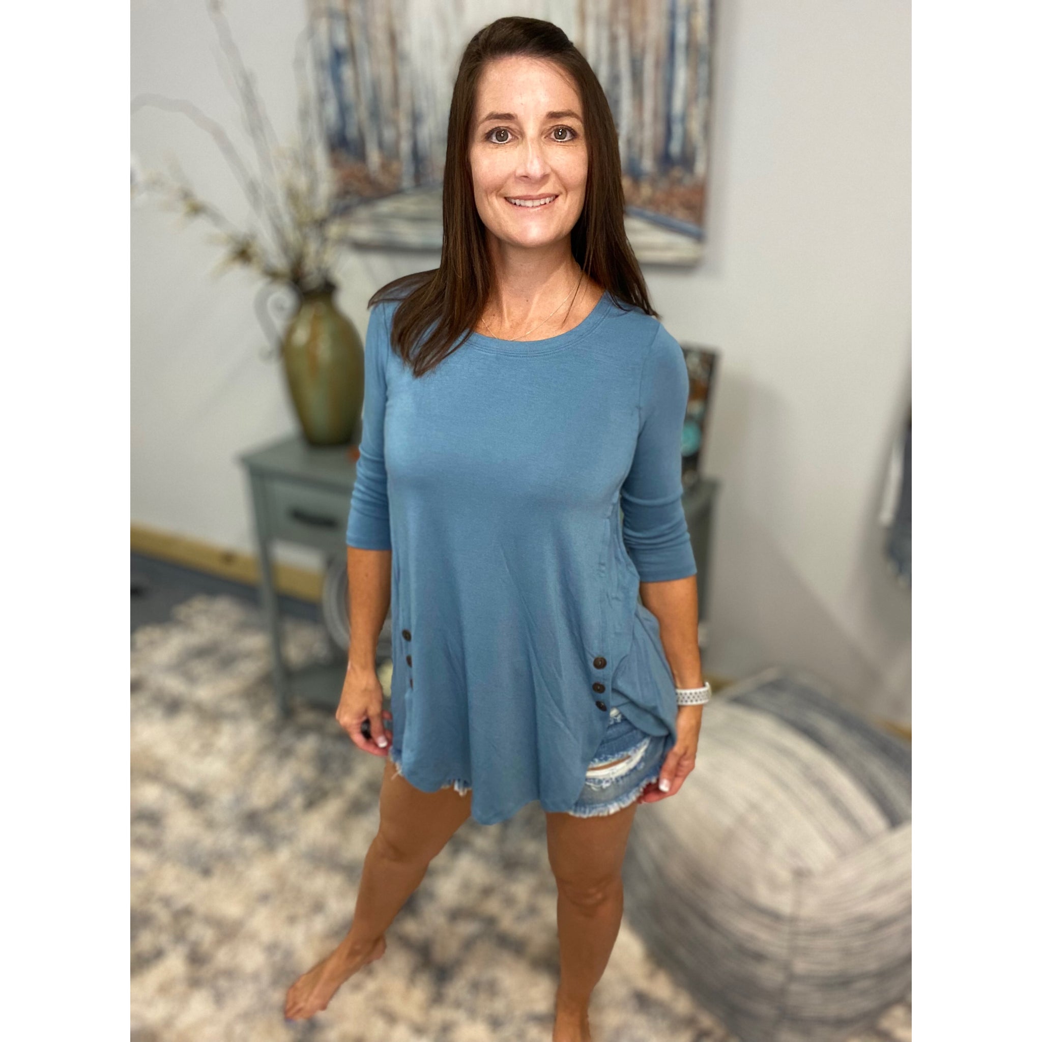 Round Neck Floaty Tunic 3/4 Sleeve With Wood Button Detail Blue S/M/L/XL