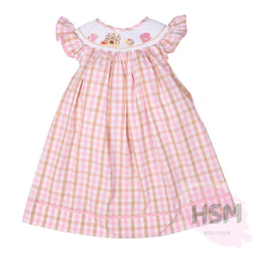 "Sandcastle" Smocked Plaid Sandcastle Beach Shells Bishop Embroidery Pink Dress
