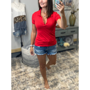Basic Polo Low Cut Henley Collar Slim Fitted Preppy Stretch Top Red S/M/L