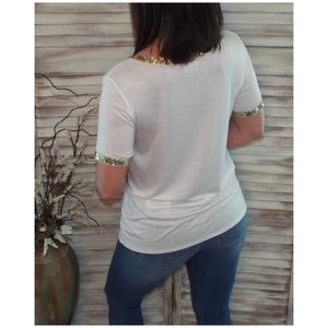 Very Sexy Sequined Neck Sleeves Pocket Scoop Neck Top Shirt Tee White S/M/L