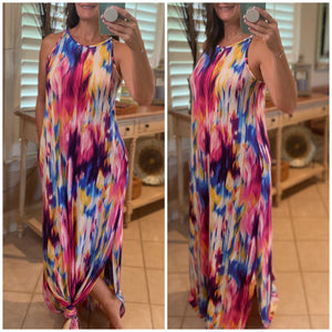 “All the Colors of the Rainbow” Vibrant Tie Dye Scoop Neck Sleeveless Tank Side Pockets Long Maxi Dress Multi