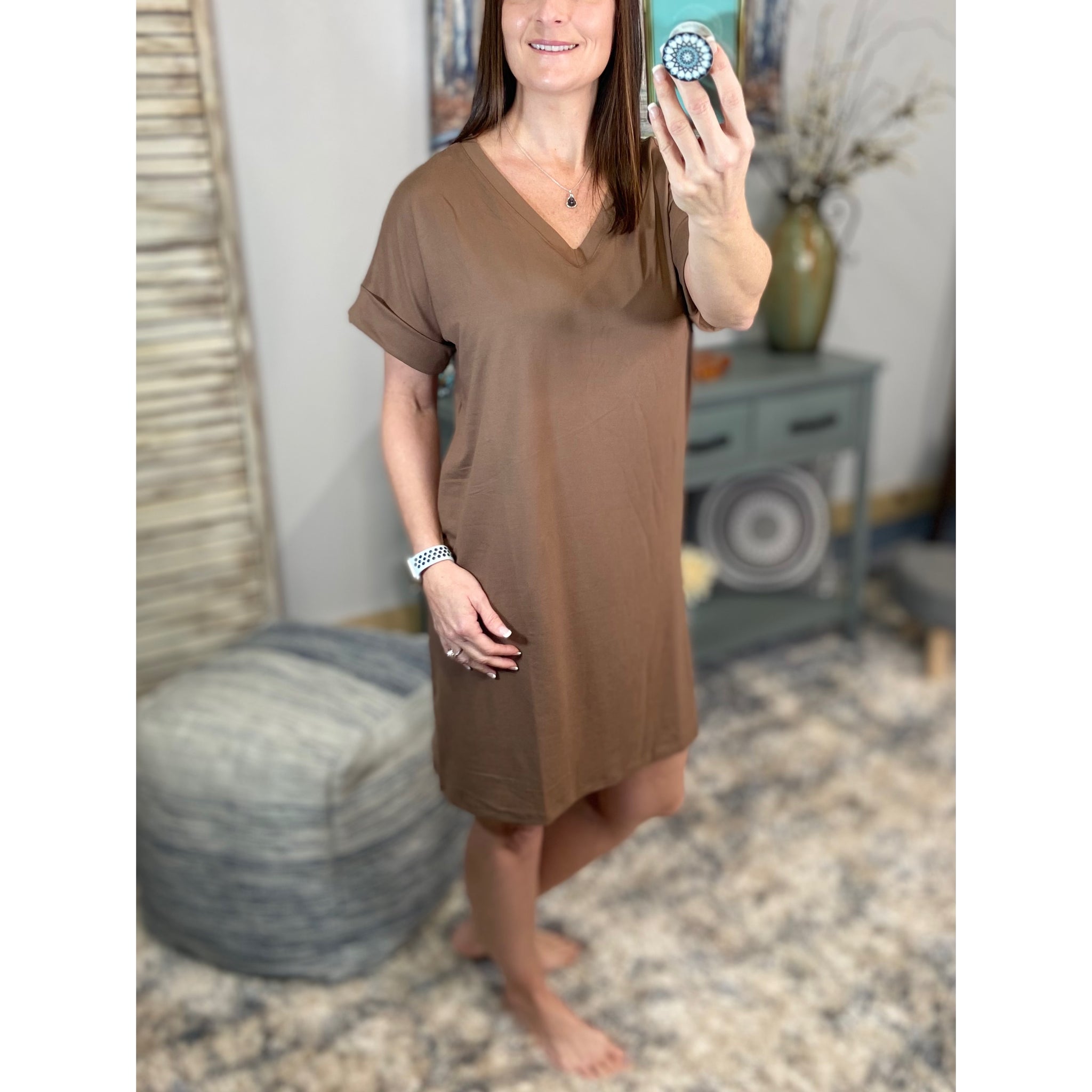 "Timeless" Boxy V-Neck Rolled Cuff Sleeve Pocket Summer Tee Shirt Dress Mocha S/M/L/XL