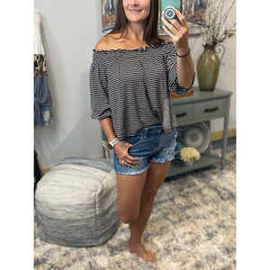 "Dancing On My Own" Off Shoulder Floaty Smocked 3/4 Sleeve Striped Smocked Blouse Shirt Top Black