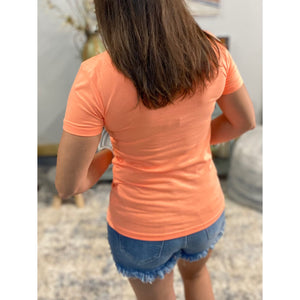 “Basic Babe” Low Cut V-Neck Cleavage Baby Slimming Basic Tee Shirt Top Neon Coral S/M/L/XL