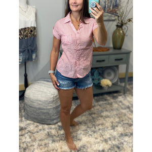 “Never Too Much” Striped V Neck Preppy Country Collar Pocket Button Up Short Tab Sleeve Red