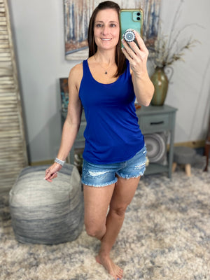 Sexy Scoop Neck Racerback Floaty Sleeveless Raw Edge Hem Tank Top Blue S/M/L