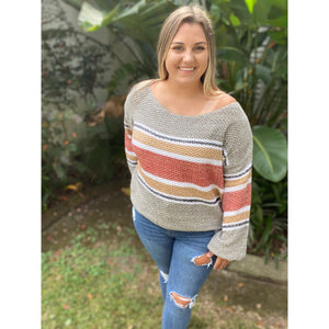 “My Happy Place” Lightweight Ribbed Knit Sweater Striped Off Shoulder Long Sleeve