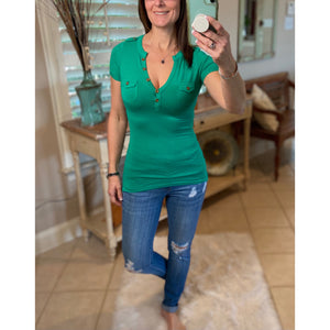Sexy Deep V Neck Plunge Cleavage Military Henley Pocket Short Sleeve Top Green