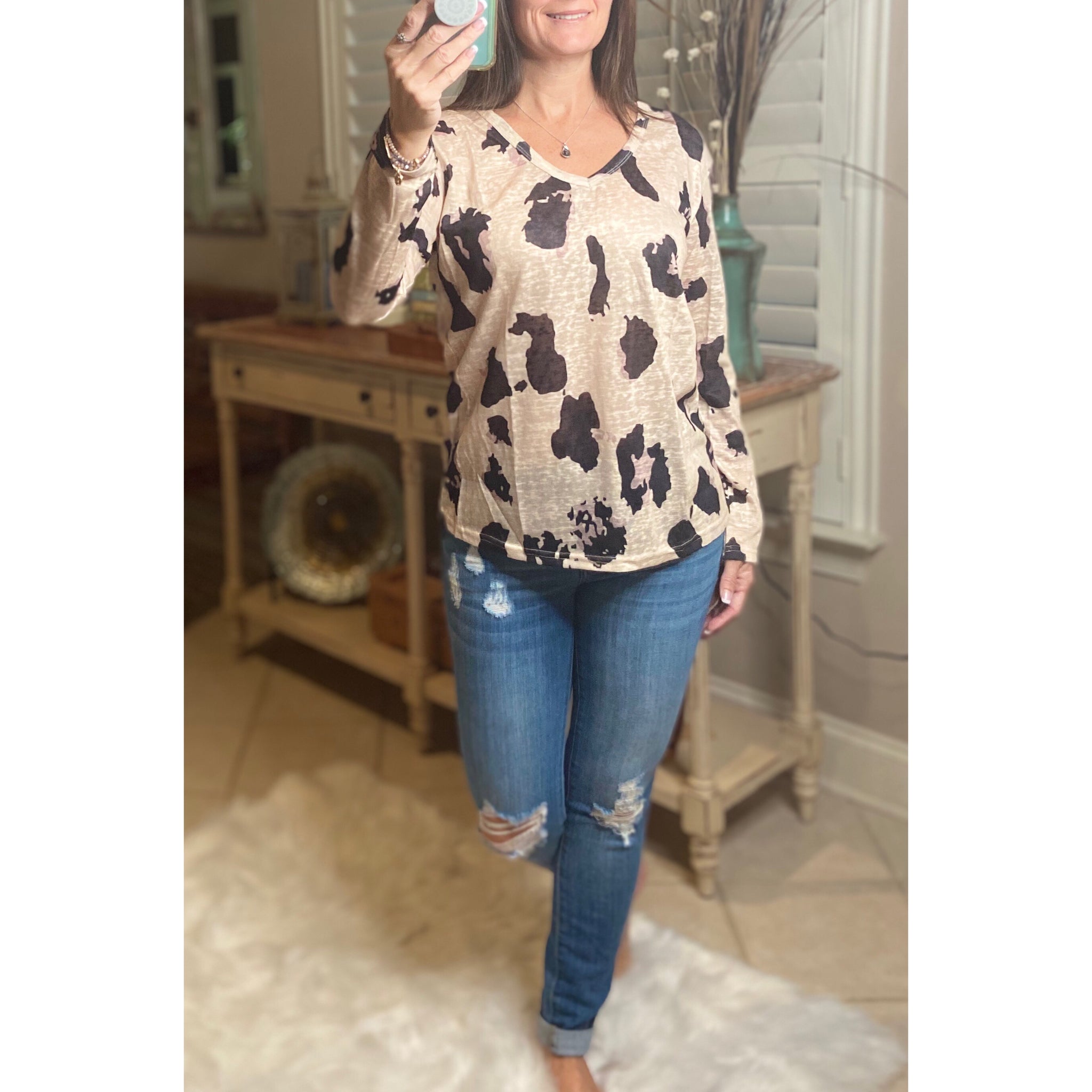 "Wild Child" V-Neck Floaty Animal Print Leopard Long Sleeve Taupe