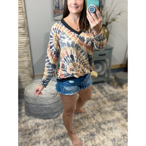 “When I Come Around” Swirl Tie Dye French Terry Long Sleeve V-Neck Banded Bottom Top Multi