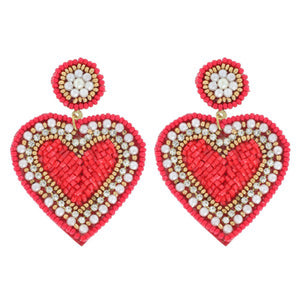 “Be Mine” Valentine Heart Seed Bead Post Drop Earrings Red & Gold