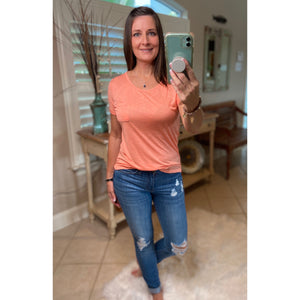 Sexy Sheer Burnout Melange Tissue Scoop Neck Short Sleeve Top Shirt Tee Peach